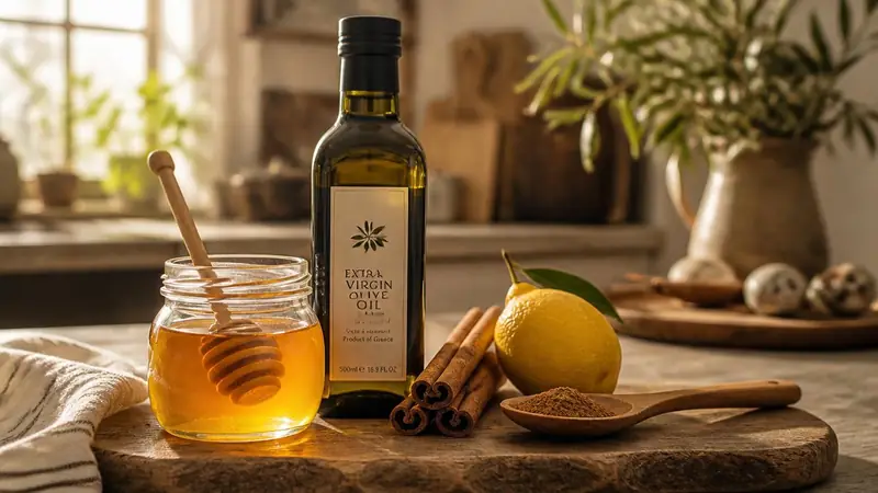 Honey, olive oil and cinnamon arranged on a warm kitchen countertop